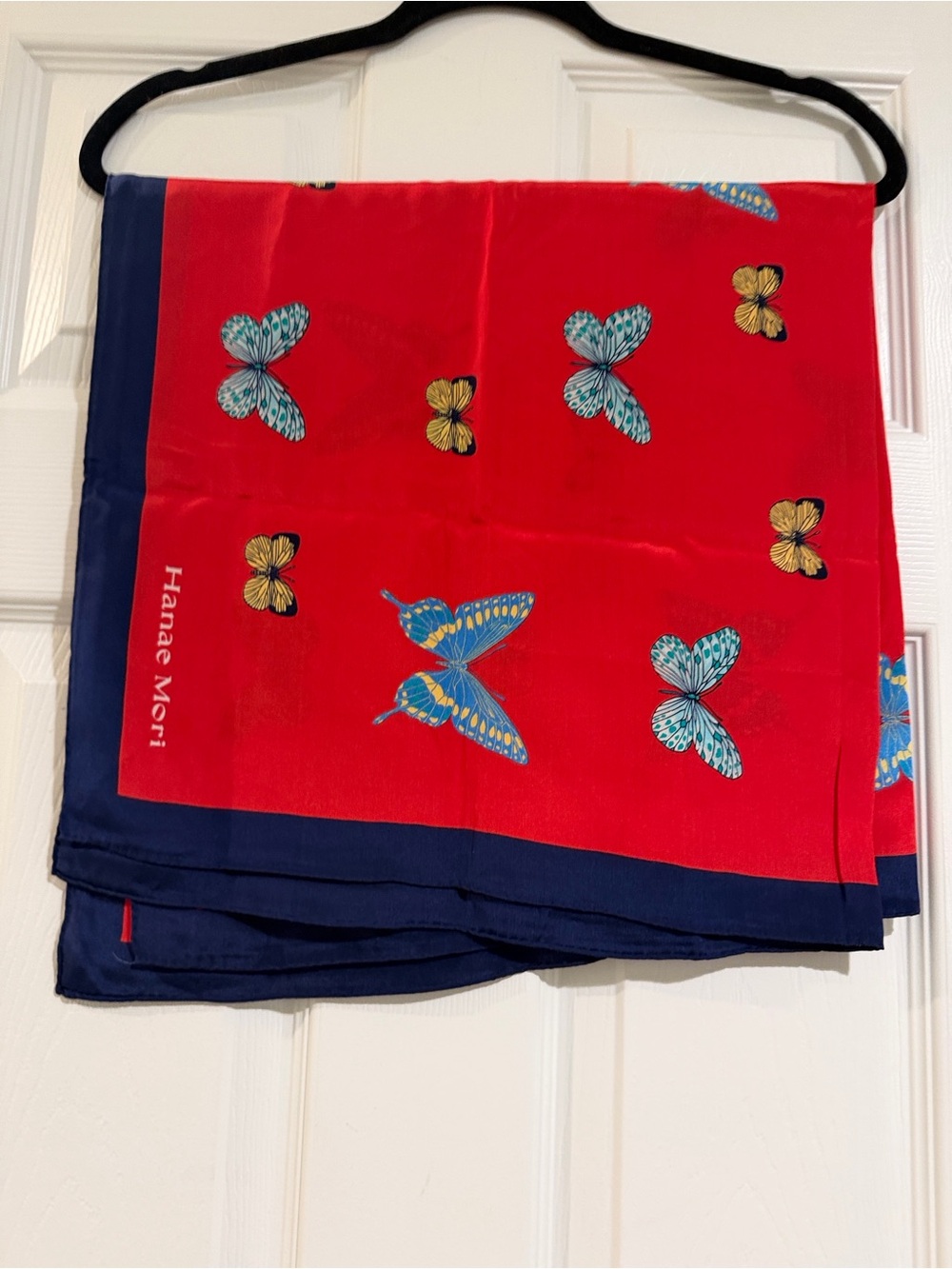 Red Butterfly Silk Scarf with Navy Border